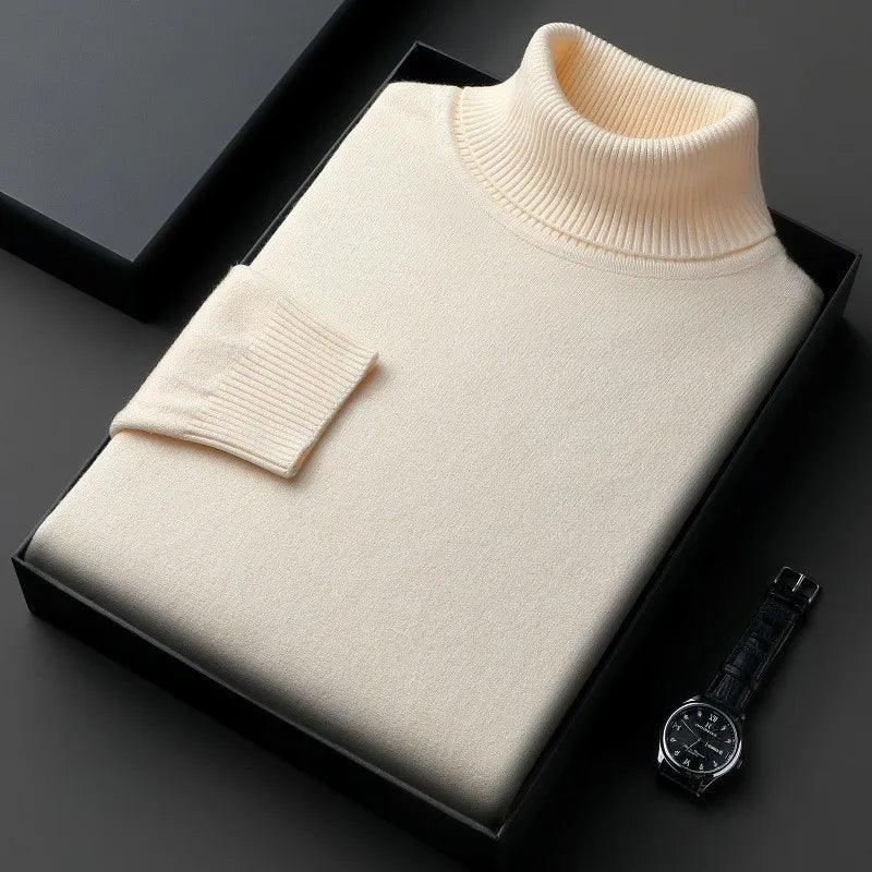 Men's roll neck sweater with ribbed collar and cuffs folded in a presentation box