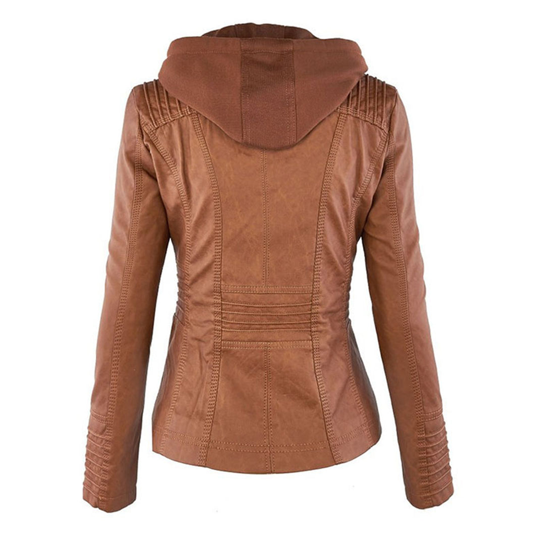 Women's hooded moto jacket with long sleeves, front zip and multiple zipped pockets