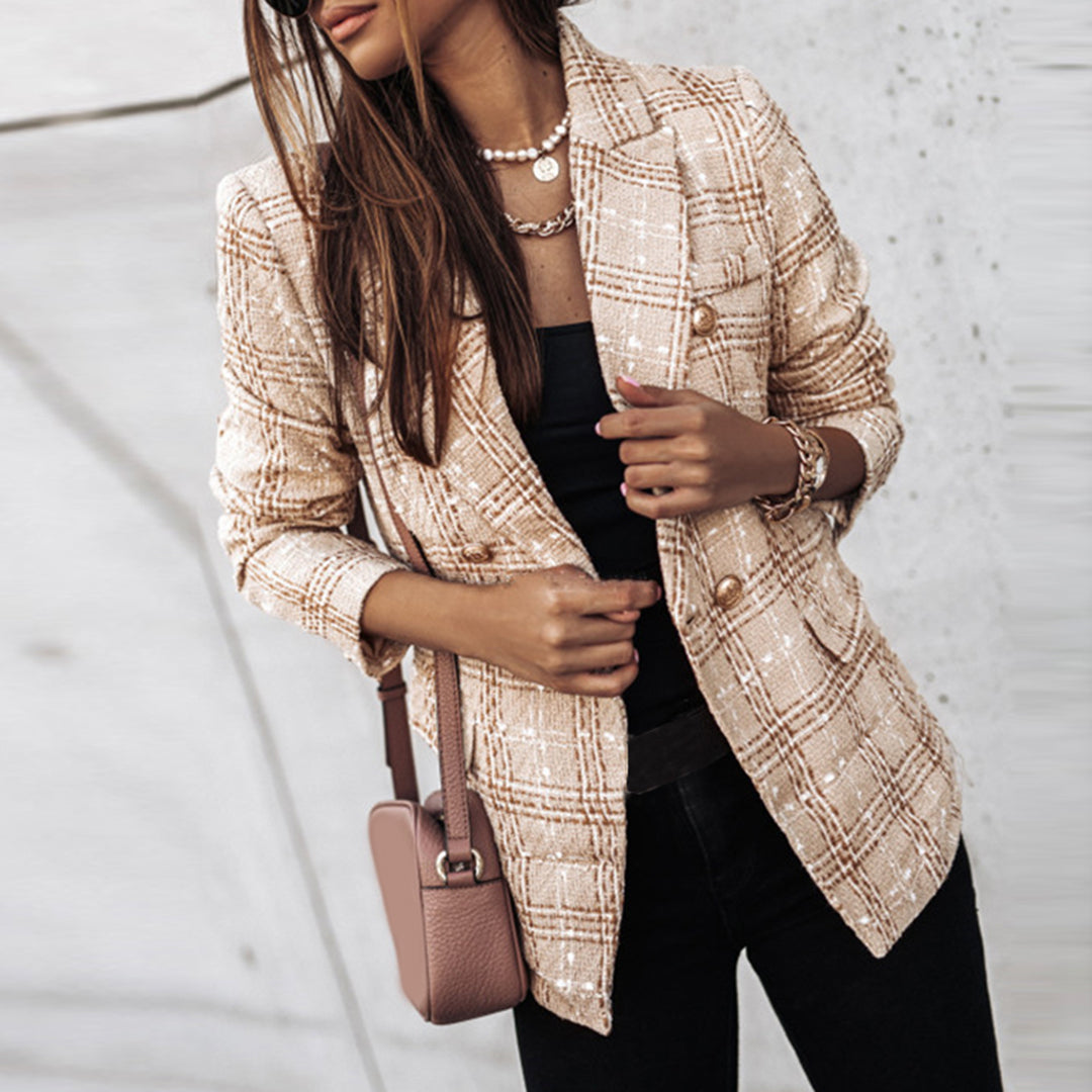 Women's checked tailored blazer with notched lapels and long sleeves
