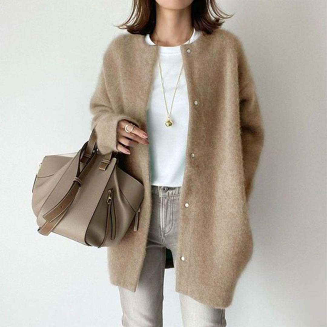 Women's longline button-front cardigan with round neckline and long sleeves