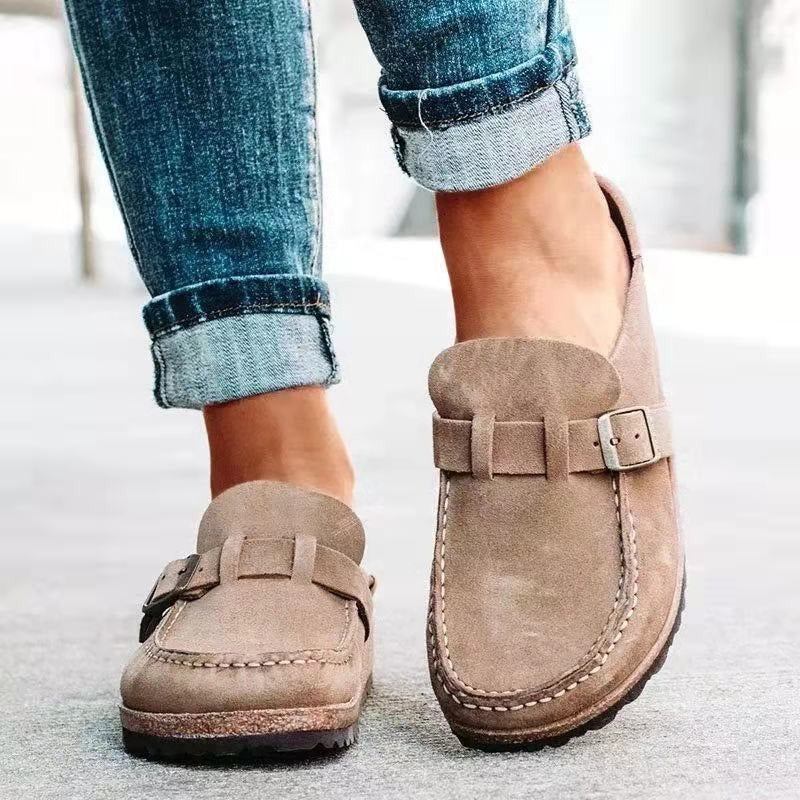 Women's Slip-On Clog Suede Buckle-Strap - Beige