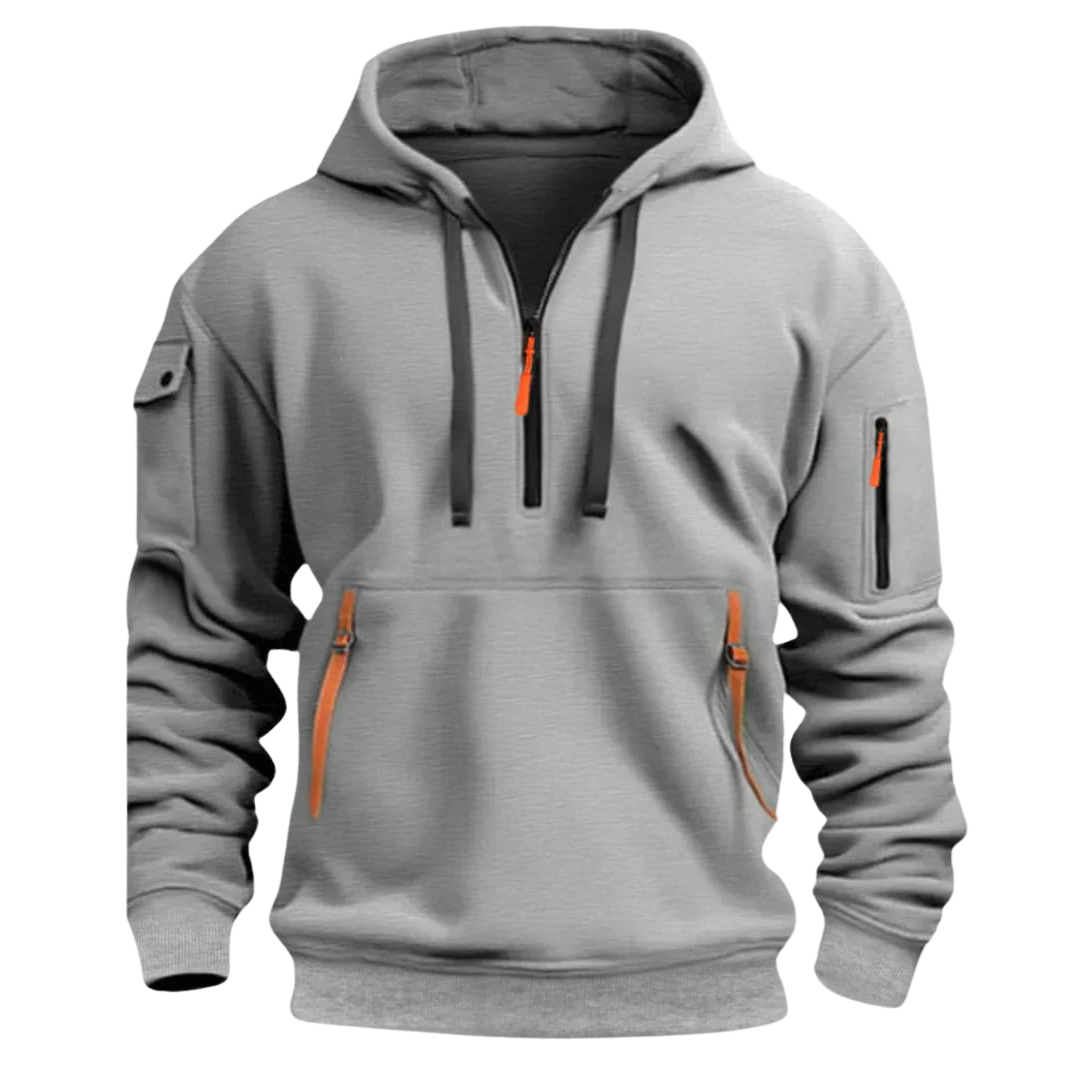 Men's Hoodie Half-Zip Cargo Pocket Fleece - Light Grey
