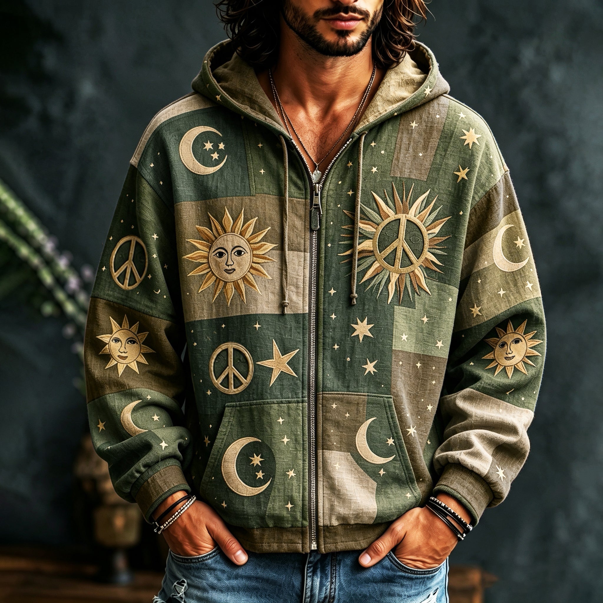 Men's multicoloured patchwork zip hoodie with sun, moon, star and peace motifs