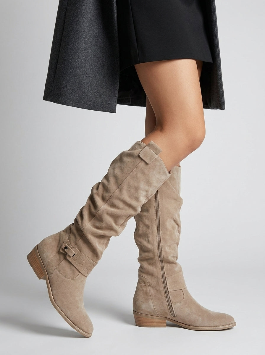 Women's knee-high slouch boots with buckle straps, side zip and low block heels