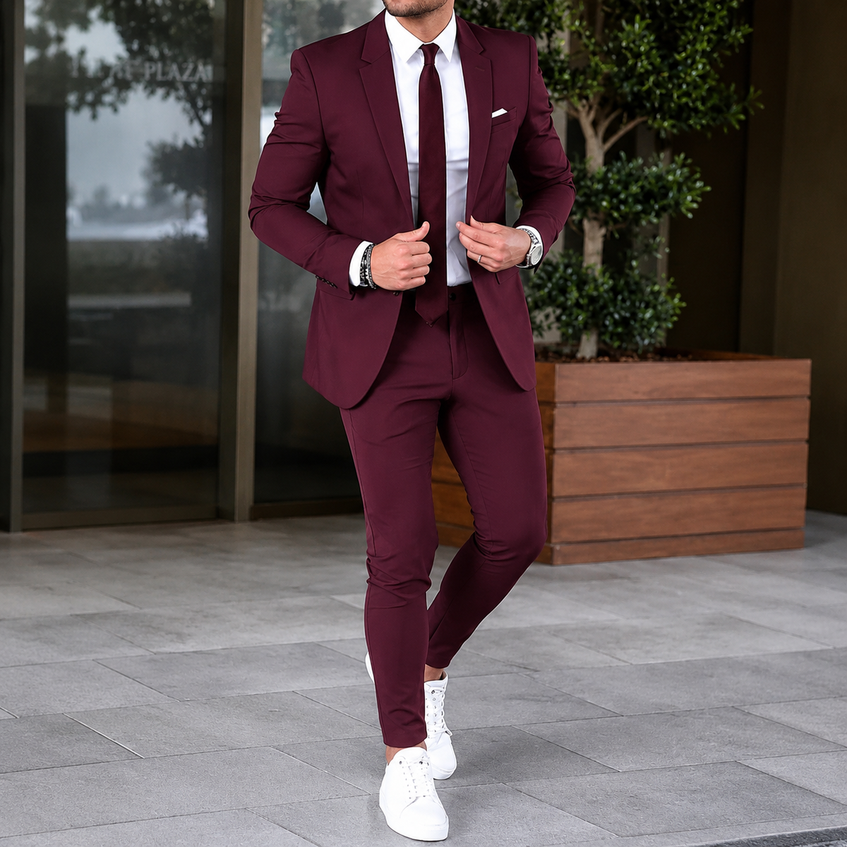 Men's two-piece suit with tailored jacket and slim trousers
