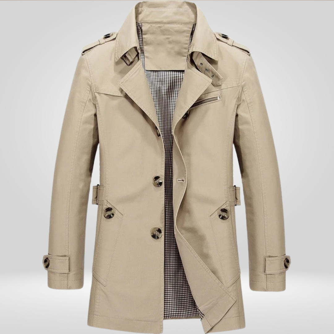 Men's belted trench coat with button front, long sleeves and checked lining