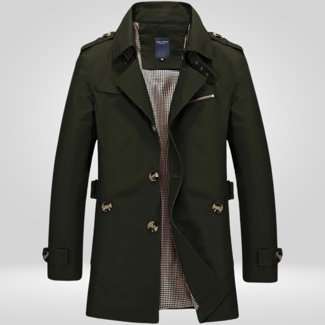 Men's belted trench coat with button front, long sleeves and checked lining