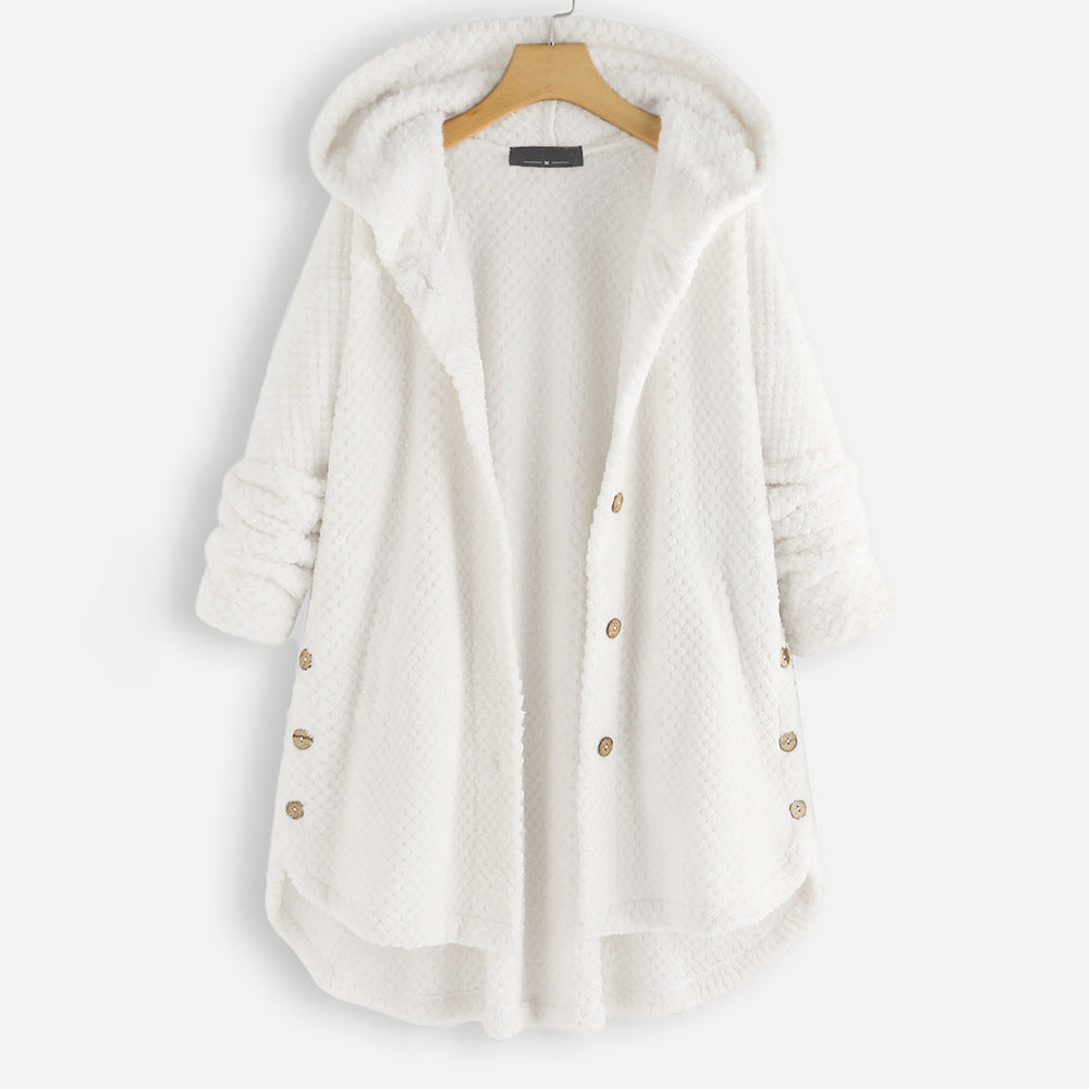 Women's hooded textured longline jacket with button front and curved hem