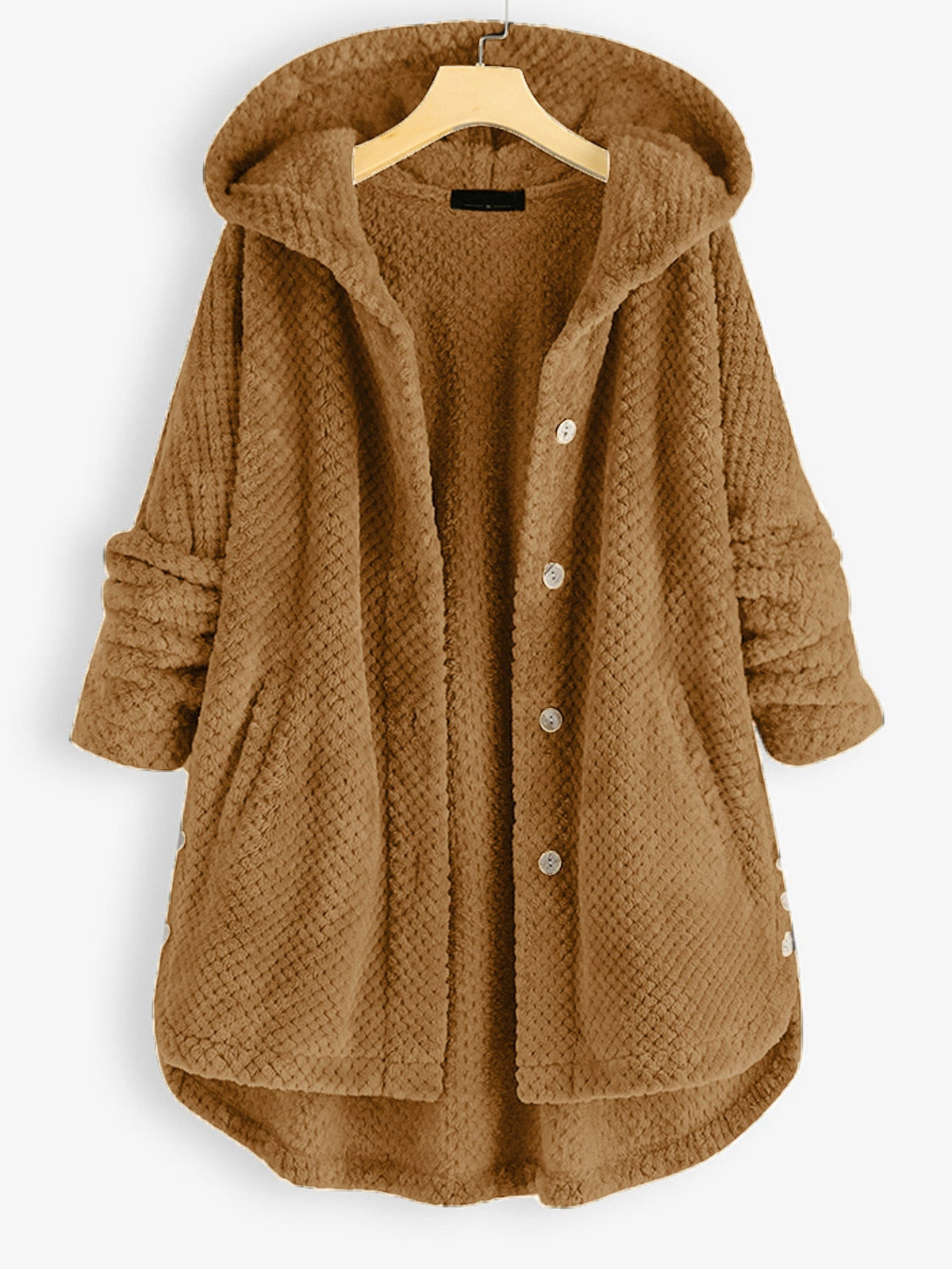 Women's hooded textured longline jacket with button front and curved hem