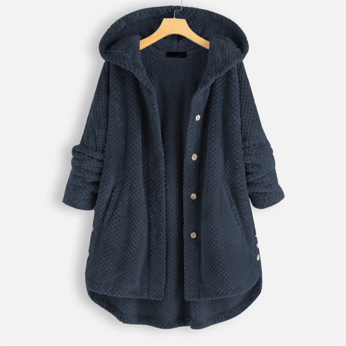 Women's hooded textured longline jacket with button front and curved hem