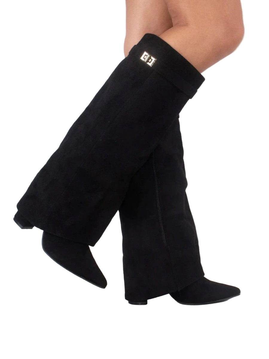 Women's knee-high pointed-toe boots with low block heels, side zips and metal shaft trim