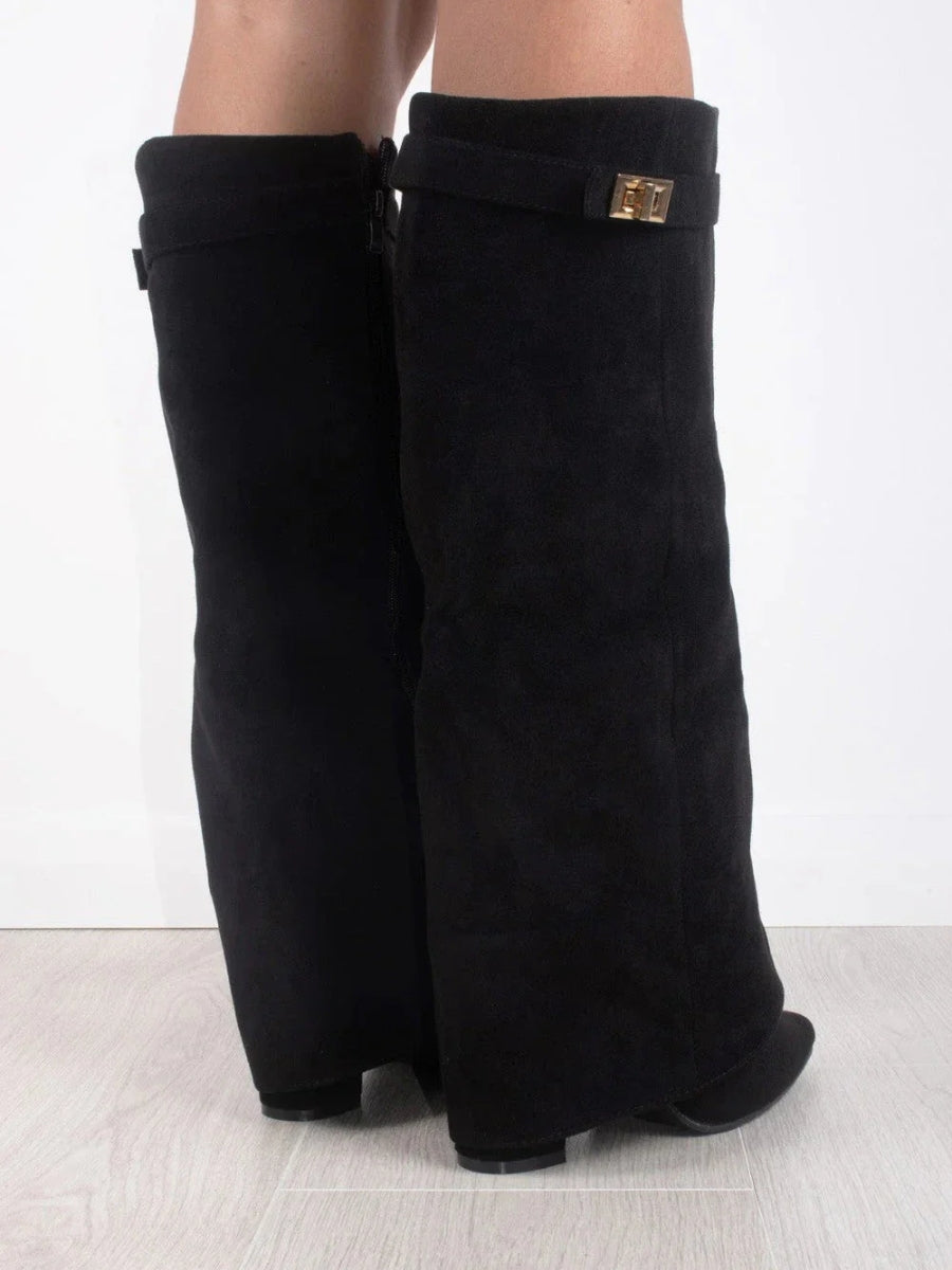 Women's knee-high pointed-toe boots with low block heels, side zips and metal shaft trim