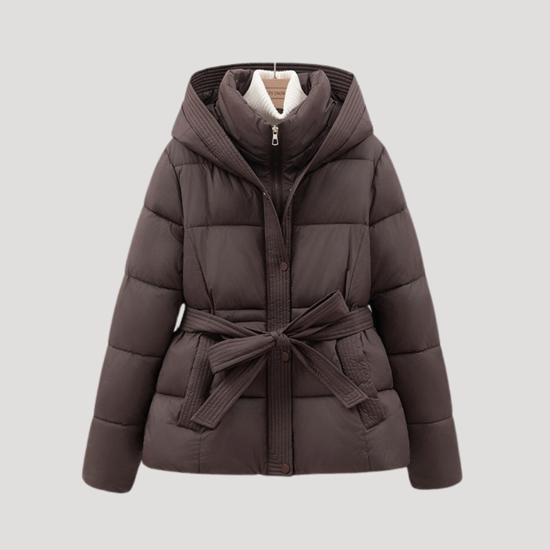 Women's hooded quilted puffer jacket with belted waist and long sleeves