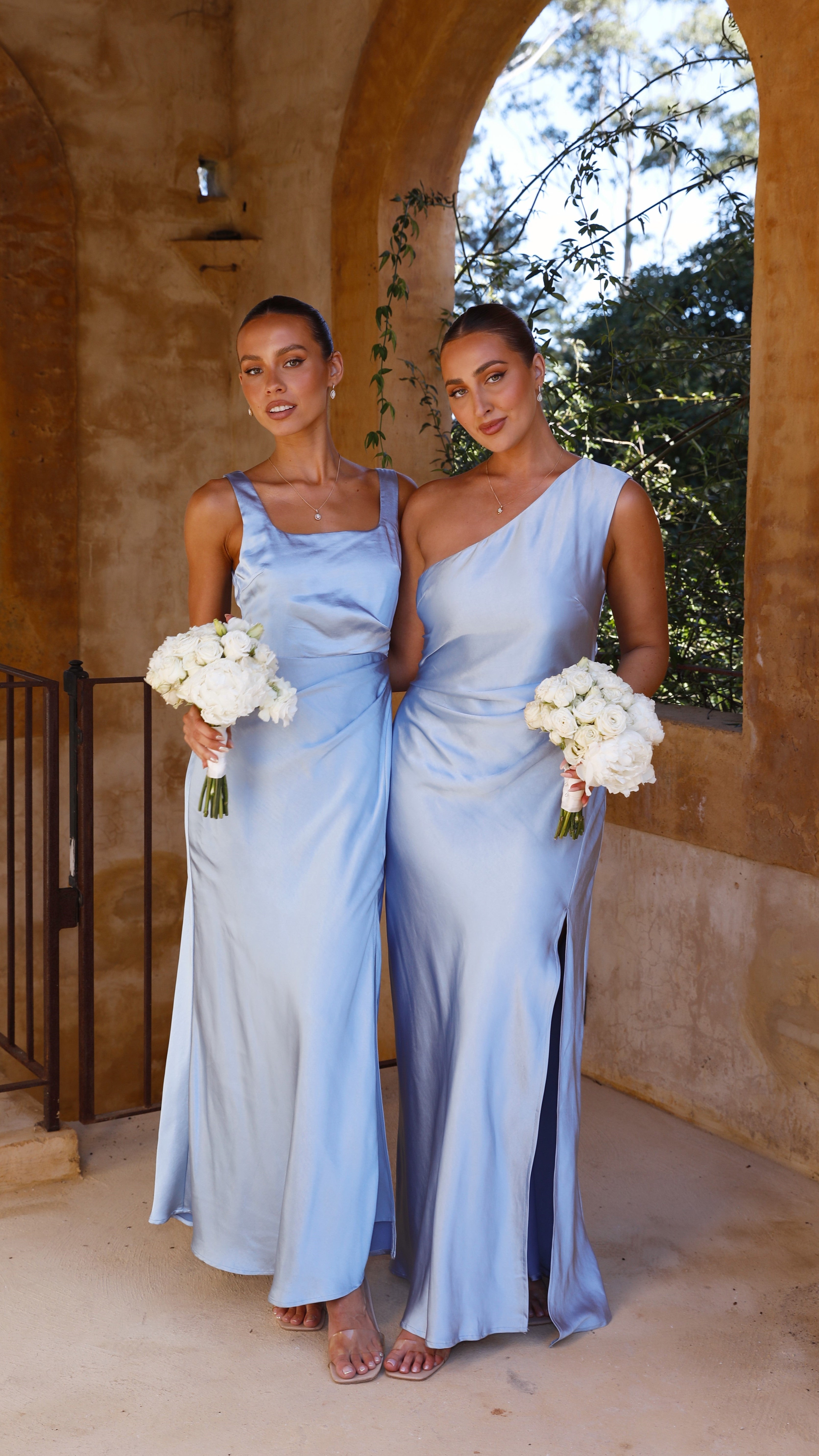 Women's One Shoulder Maxi Dress Side Split Gathered Fit Elegant | Blue