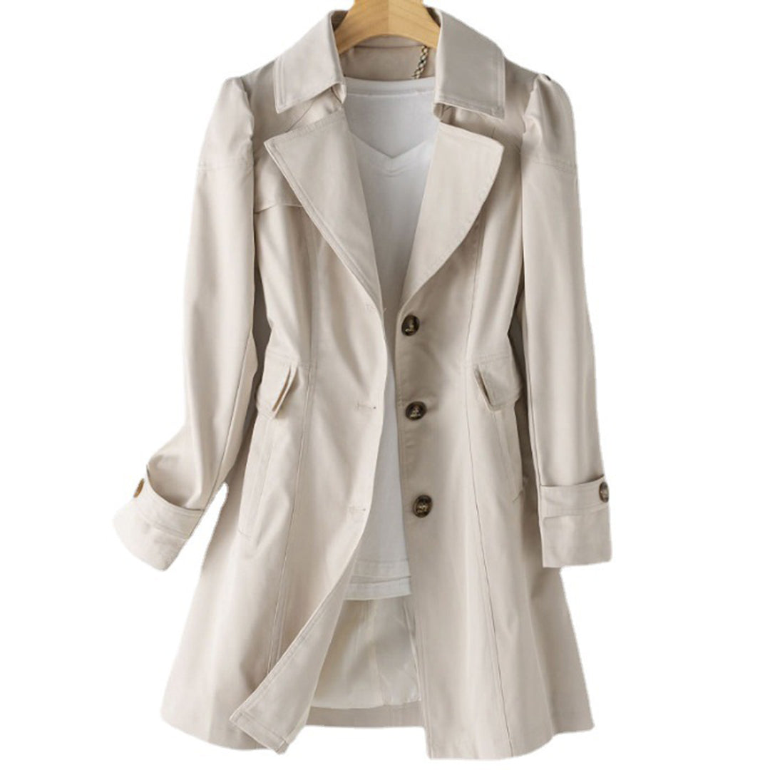 Women's tailored trench coat with long sleeves, notched lapels, button front and flap pockets