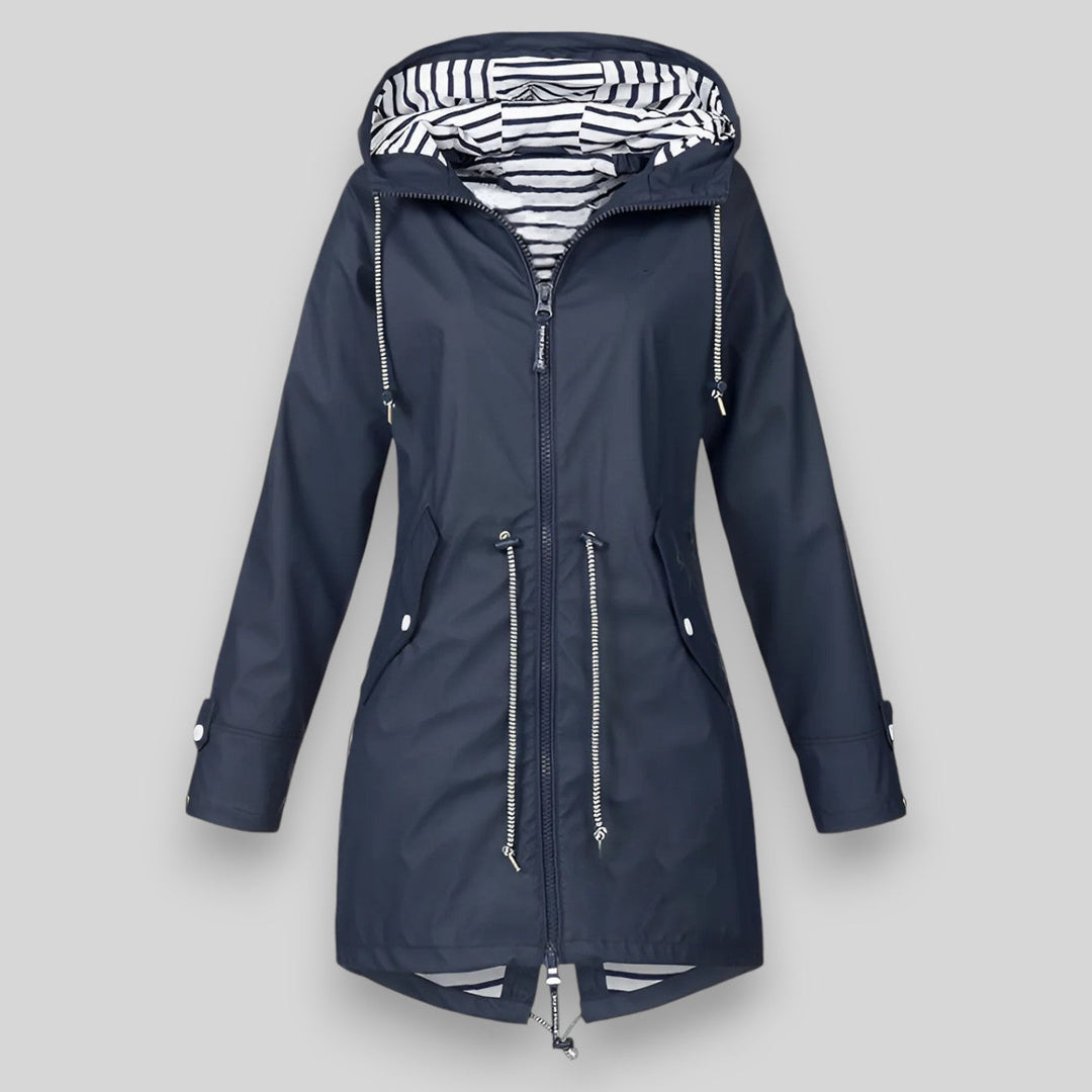 Women's hooded longline rain jacket with striped lining and zipped pockets