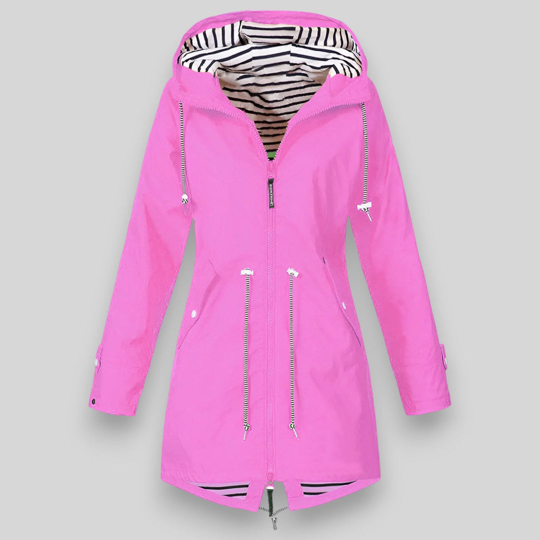 Women's hooded longline rain jacket with striped lining and zipped pockets