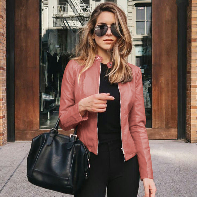 Fitted zip-front jacket with stand collar and long sleeves