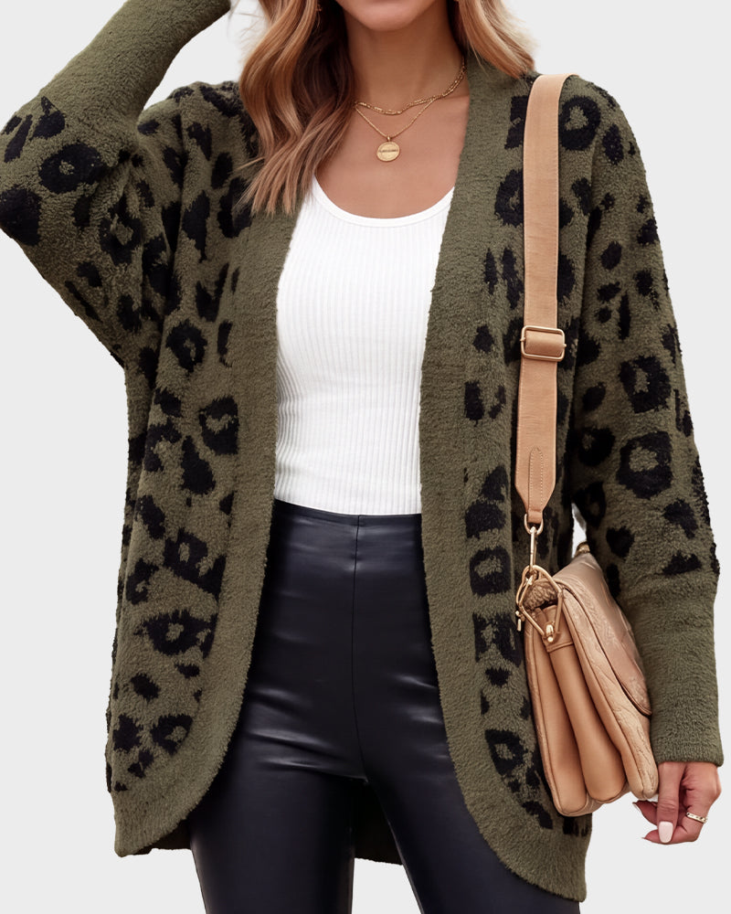 Women's open-front leopard-print knit cardigan with long sleeves