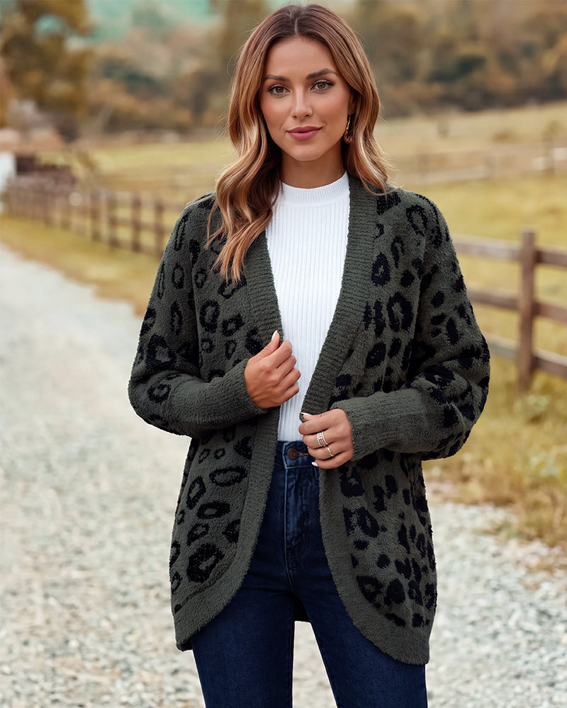 Women's open-front leopard-print knit cardigan with long sleeves