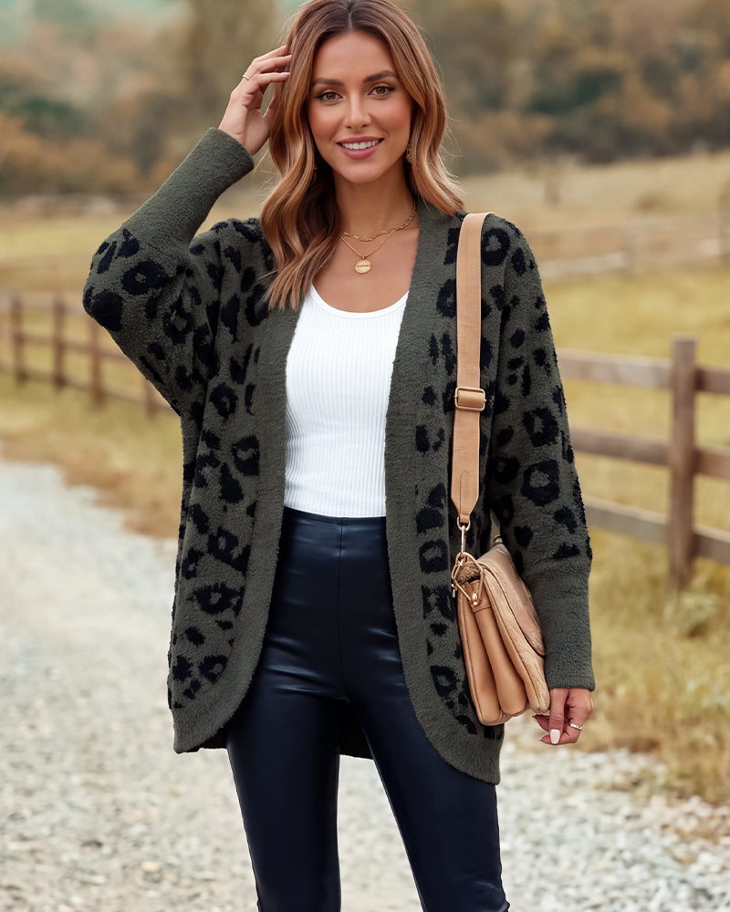 Women's open-front leopard-print knit cardigan with long sleeves