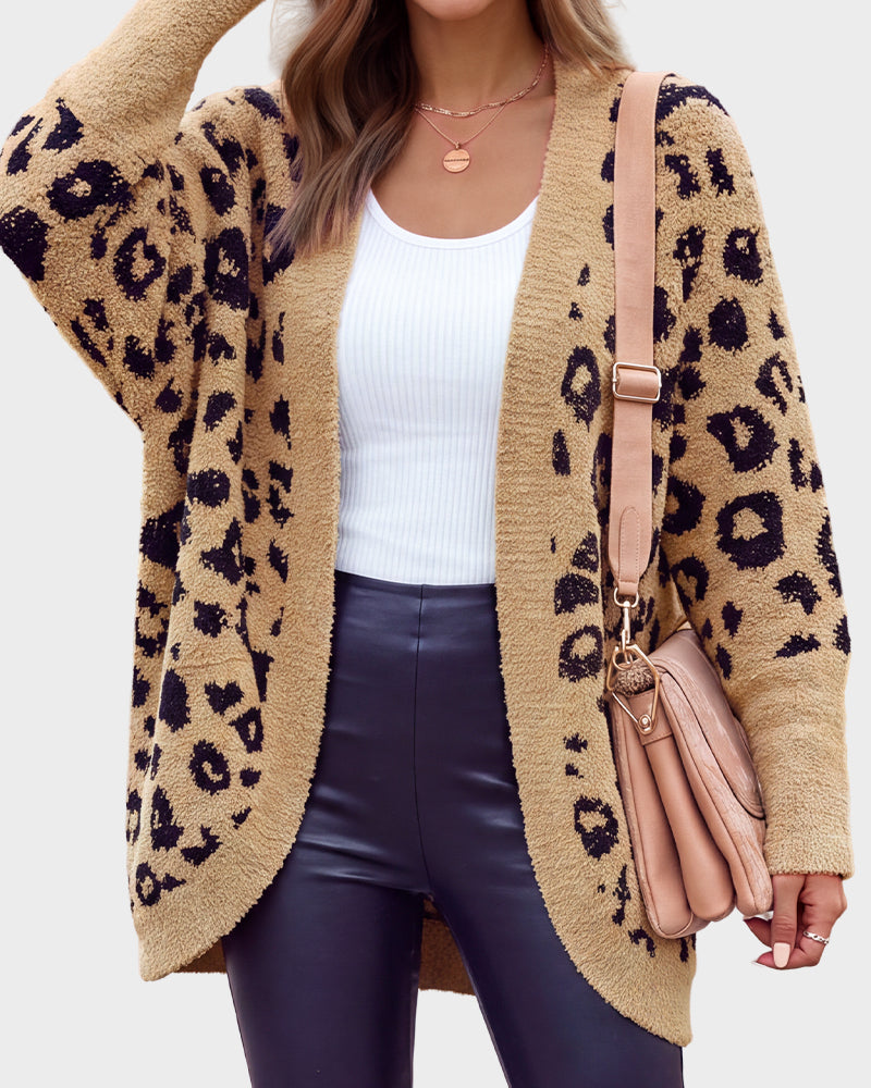 Women's open-front leopard-print knit cardigan with long sleeves