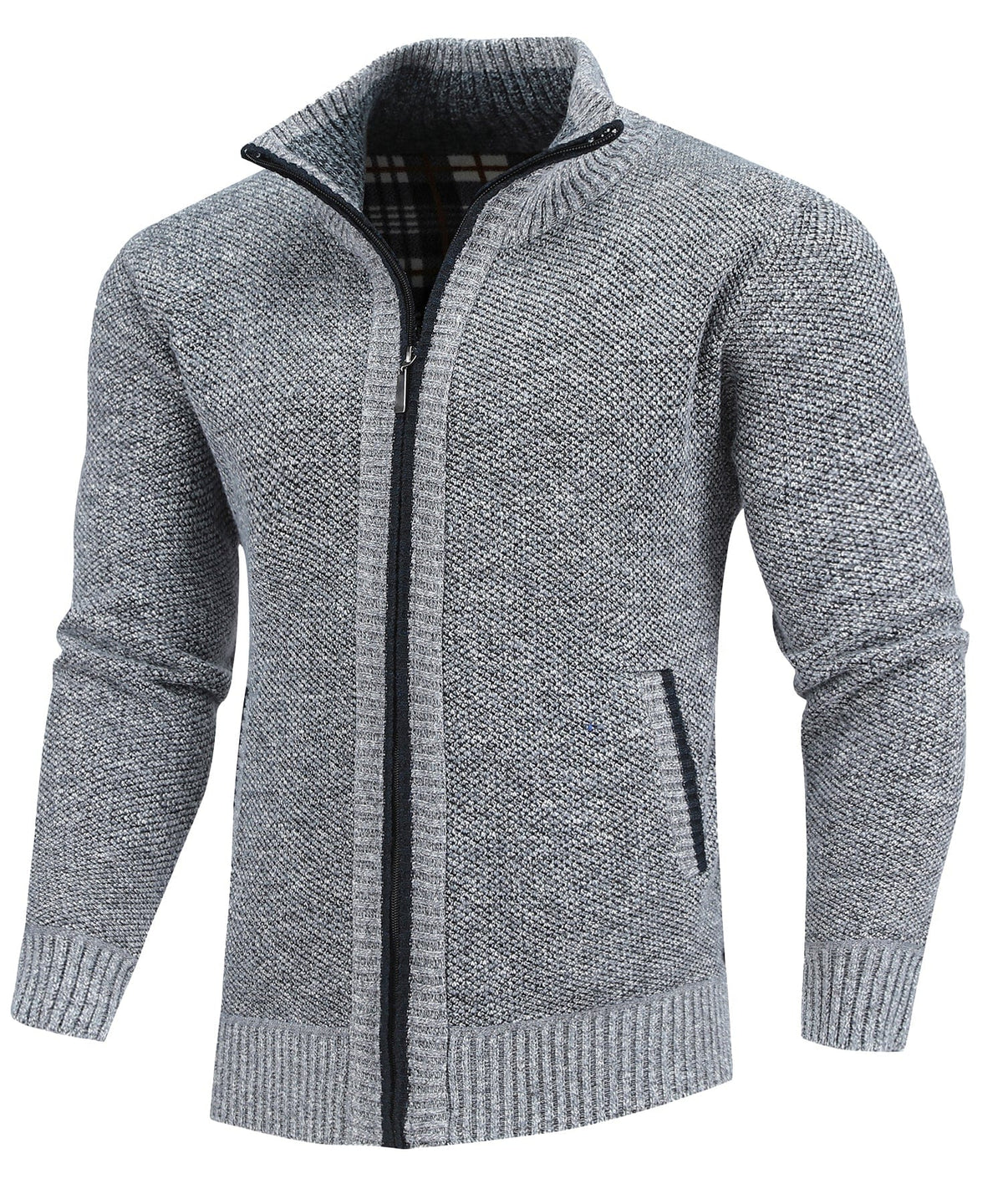 Men's textured knitted sweater jacket with mock neck, front zip and welt pockets