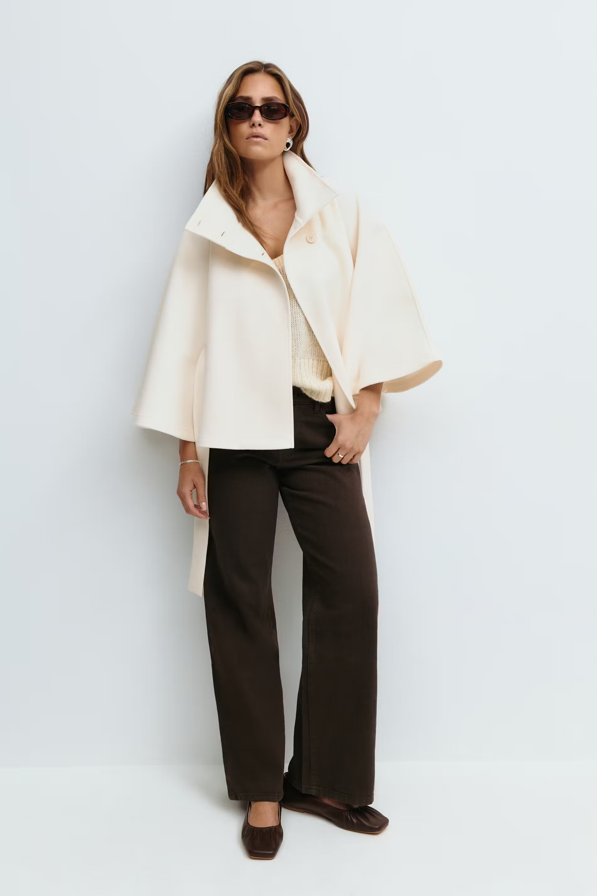 Women's Cape Coat Belted High Collar - White