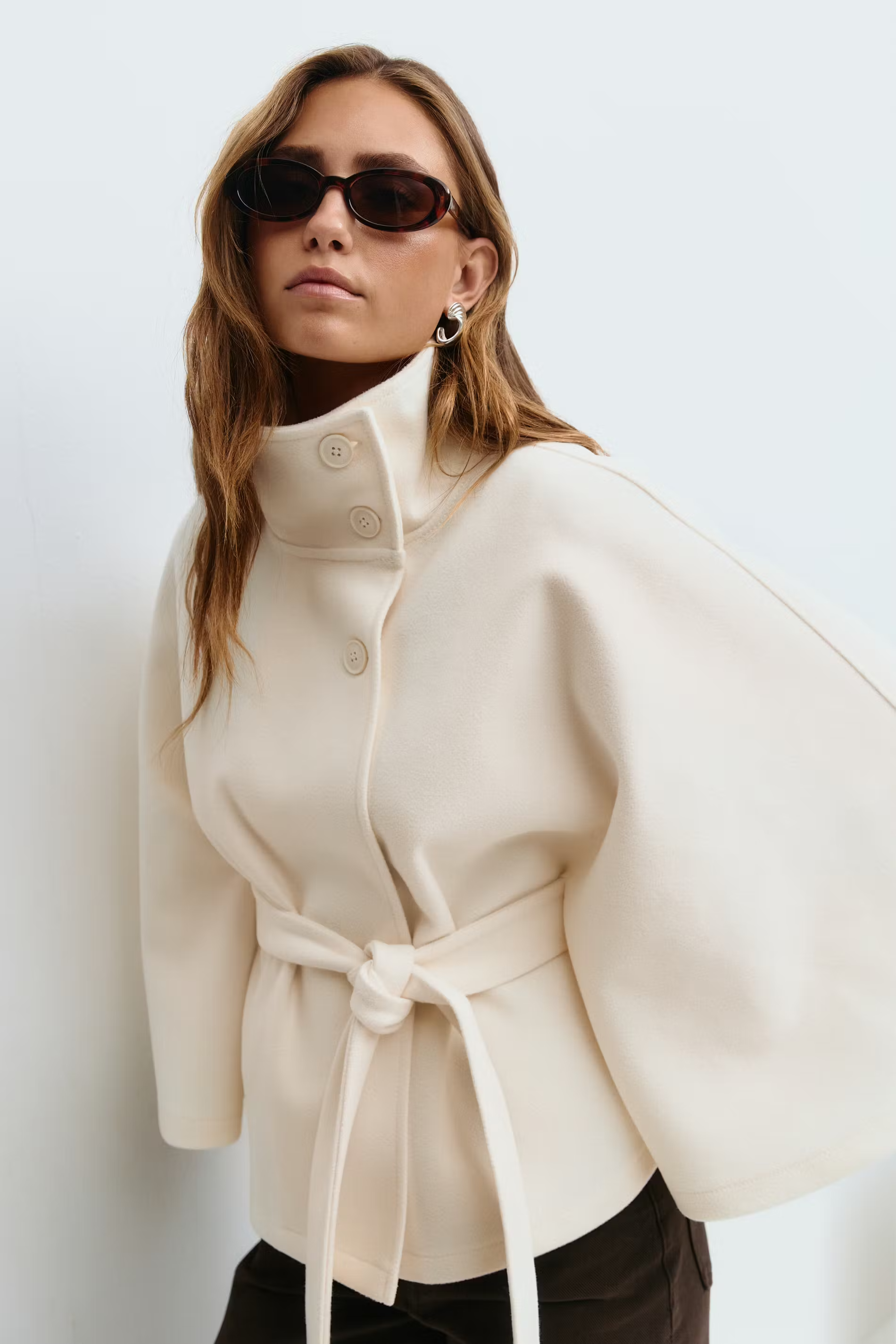 Women's Cape Coat Belted High Collar - White
