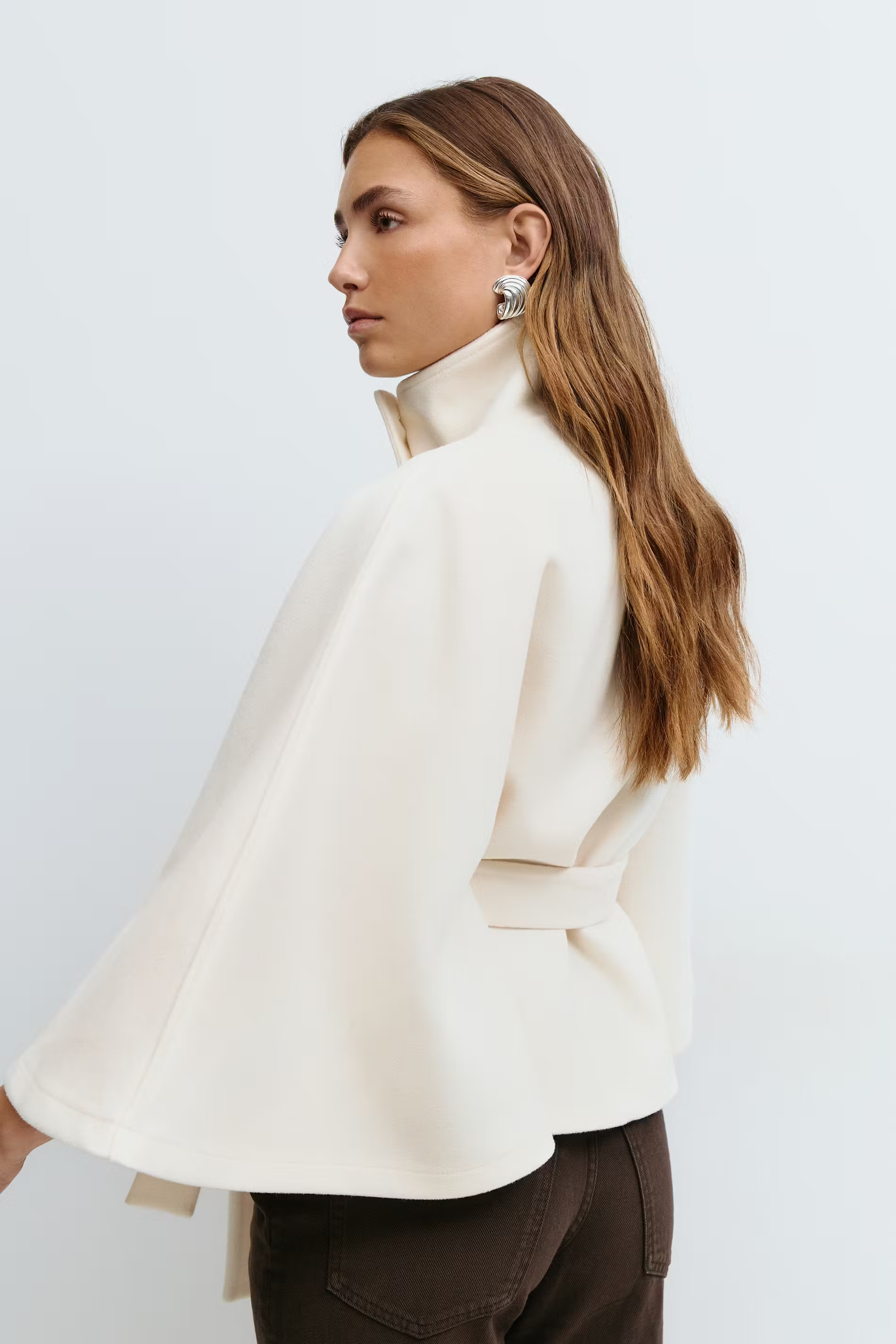 Women's Cape Coat Belted High Collar - White