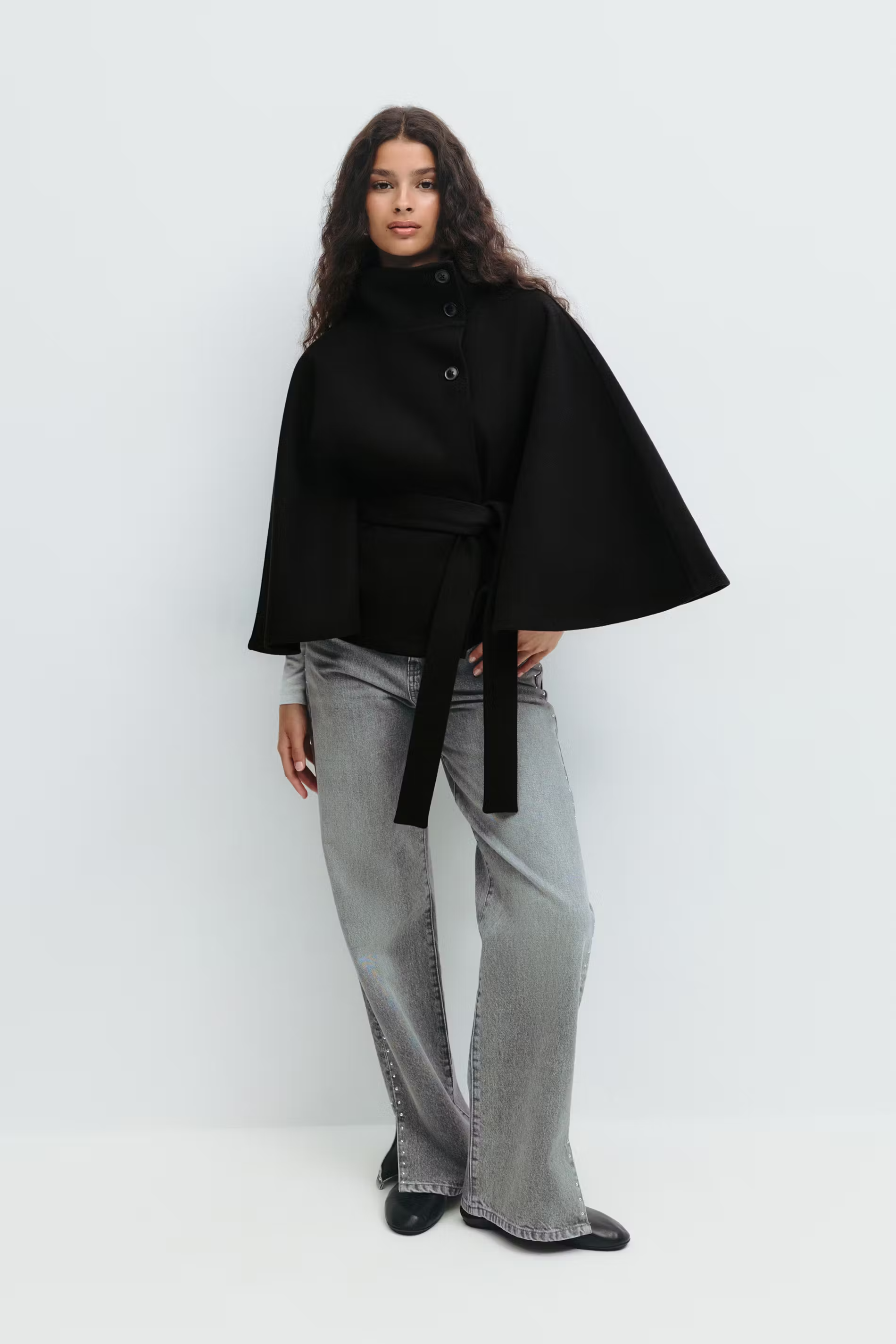Women's Cape Coat Belted High Collar - White