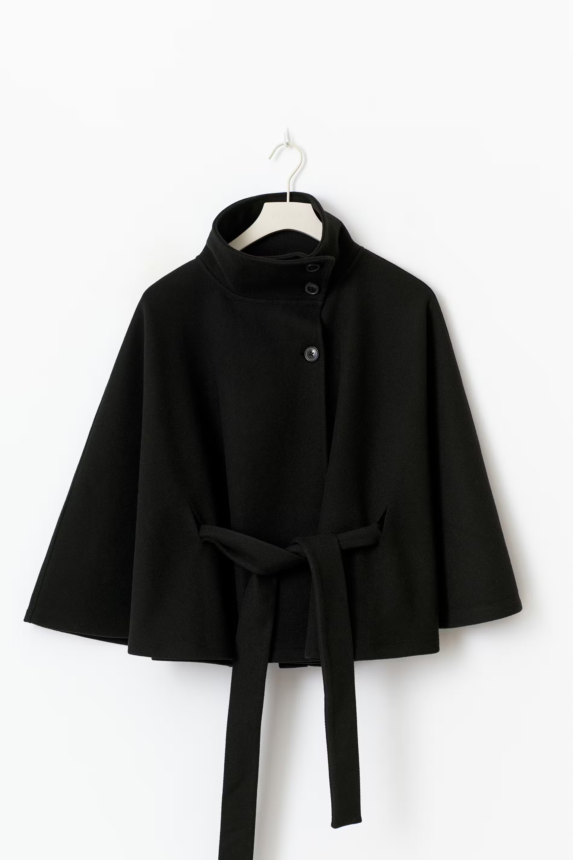 Women's Cape Coat Belted High Collar - Black