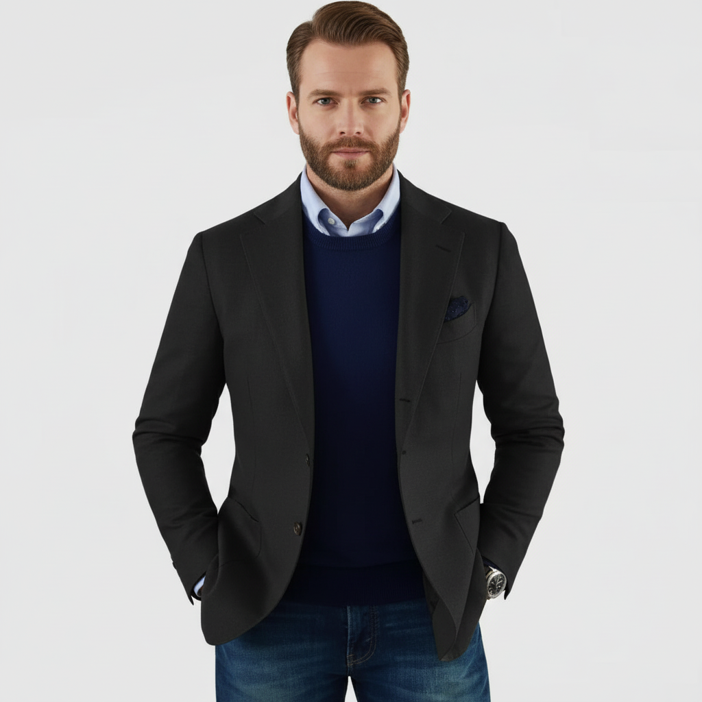 Men's notch lapel blazer with button front, long sleeves and flap pockets