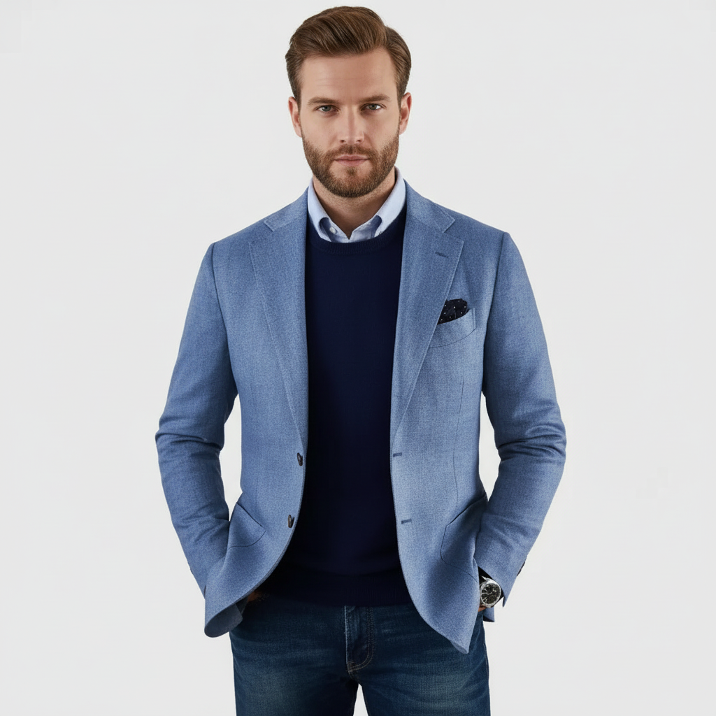 Men's notch lapel blazer with button front, long sleeves and flap pockets