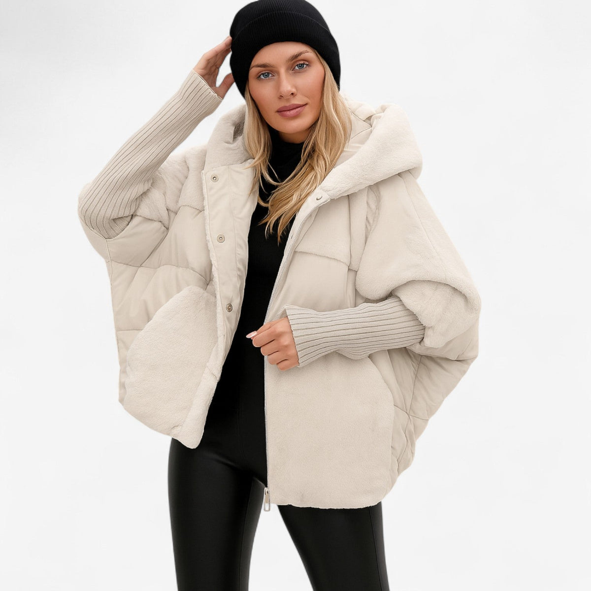 Women's oversized padded hooded jacket with ribbed cuffs and zip front