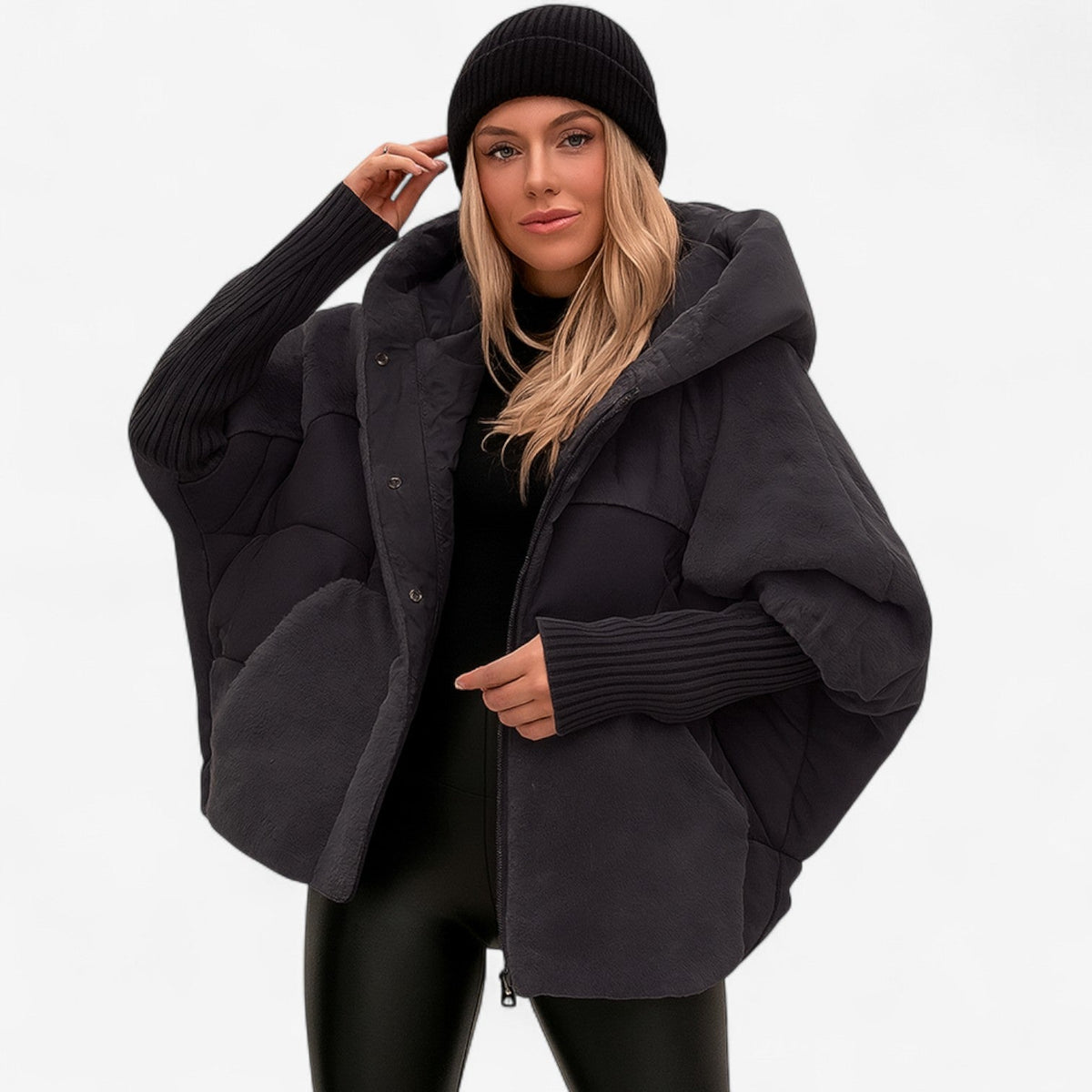 Women's oversized padded hooded jacket with ribbed cuffs and zip front