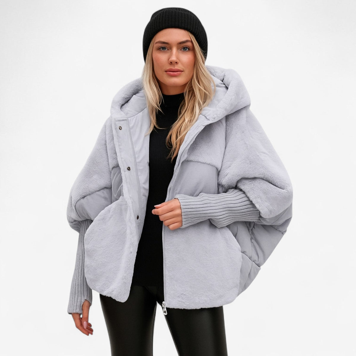 Women's oversized padded hooded jacket with ribbed cuffs and zip front