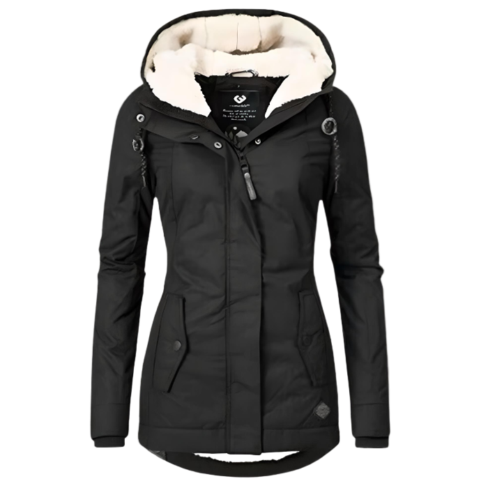 Women's long hooded winter parka coat with plush trim and front zip