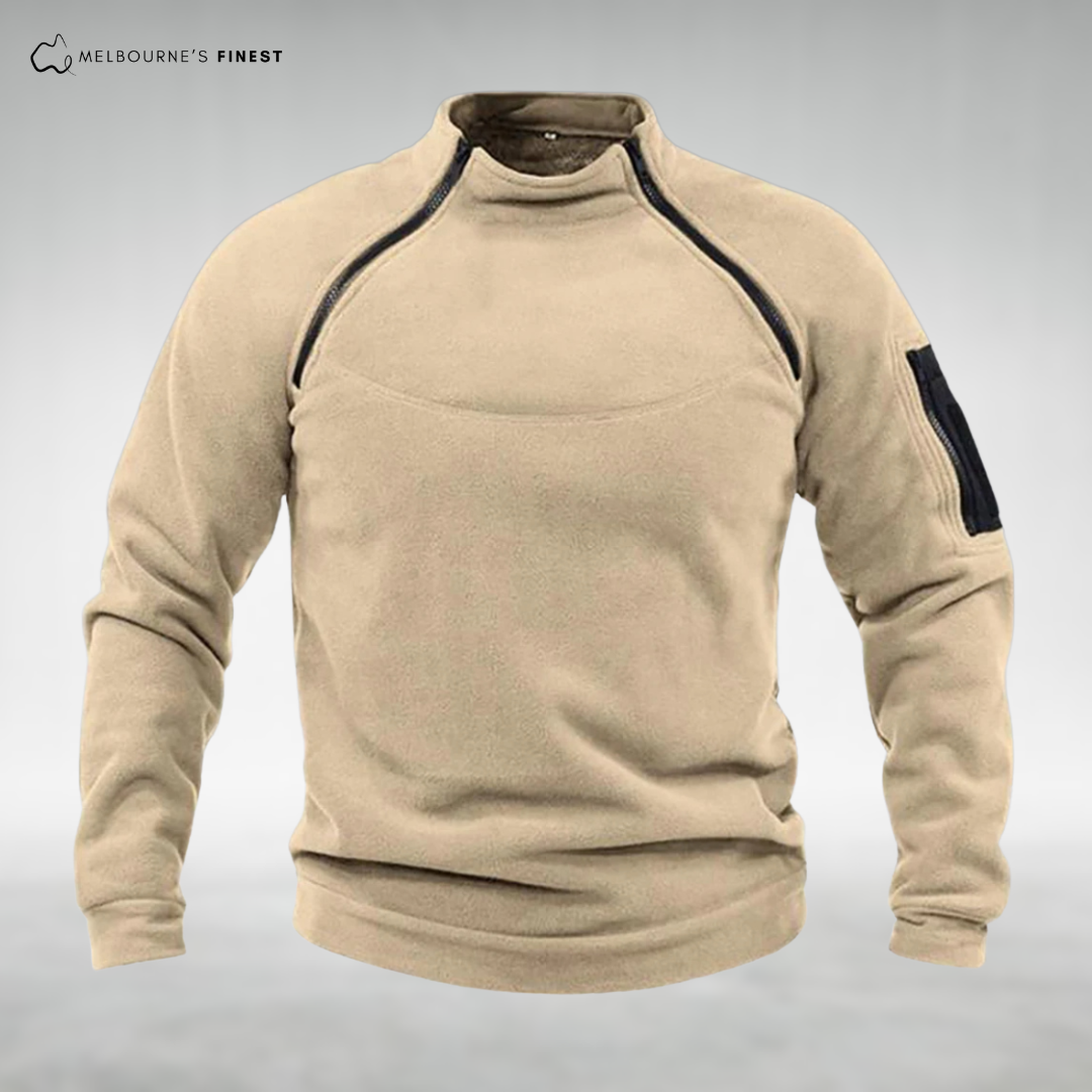 Men's plain fleece pullover with mock neck and zipped chest and sleeve pockets