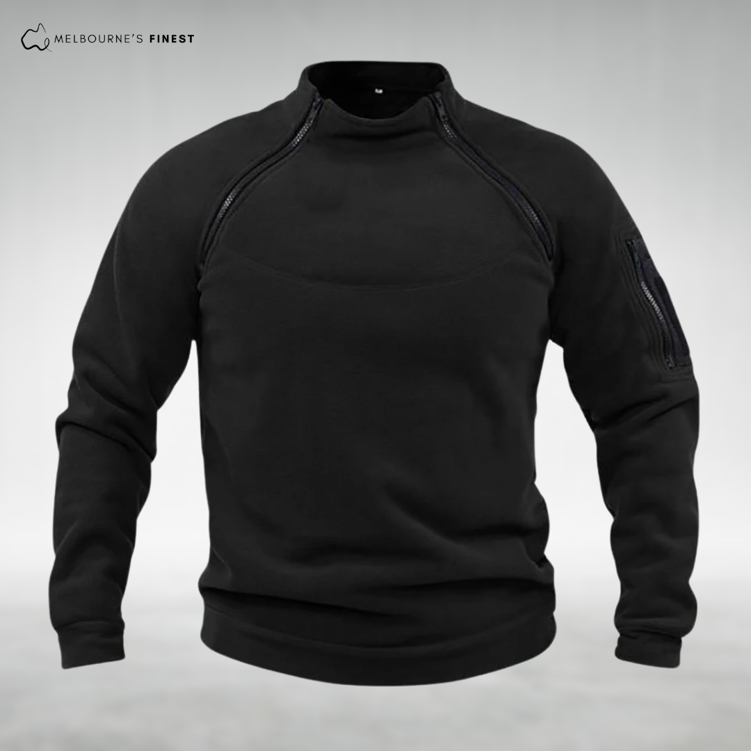 Men's plain fleece pullover with mock neck and zipped chest and sleeve pockets