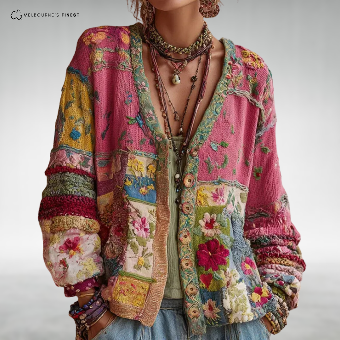 Women's multicoloured floral patchwork knit jacket with V-neck and long sleeves
