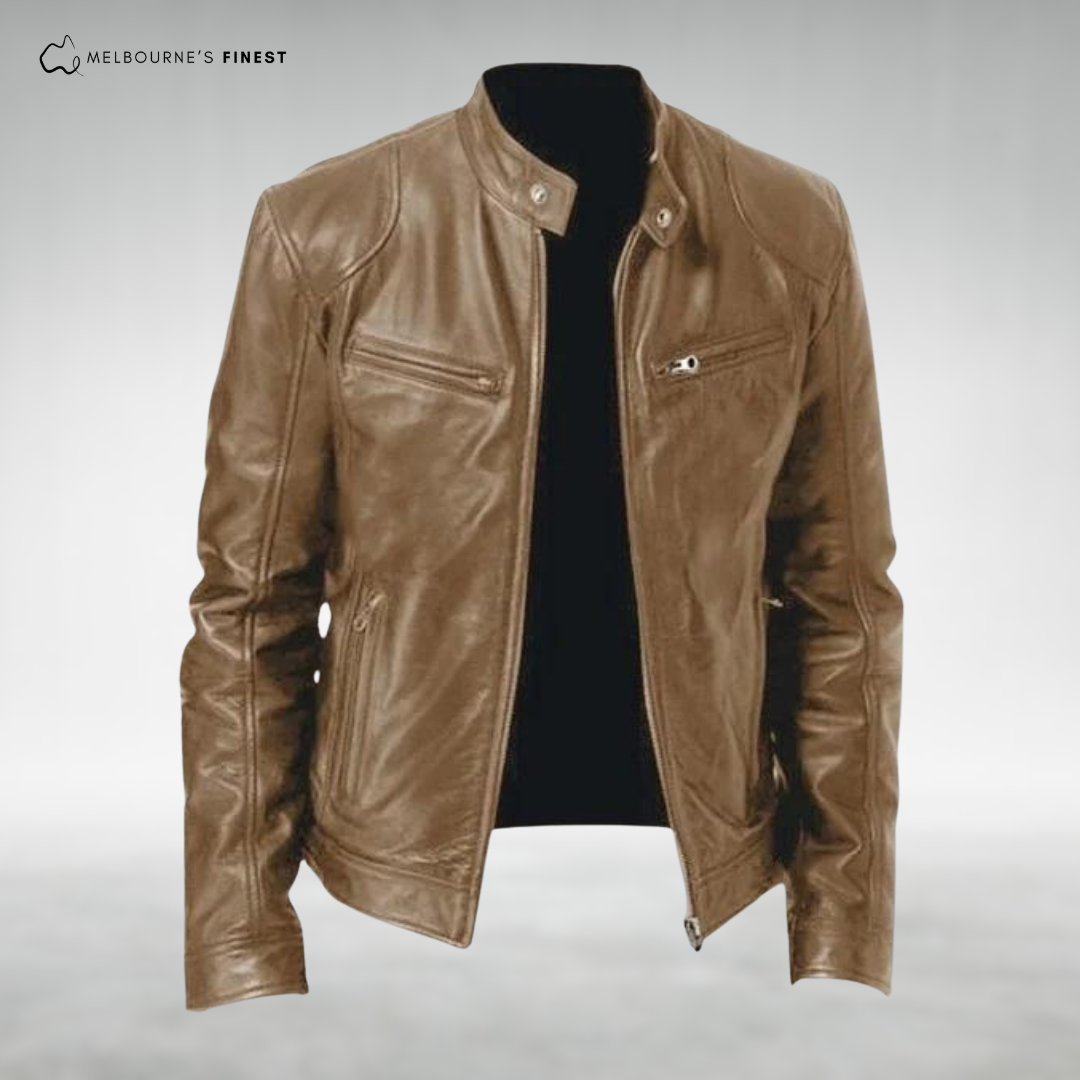 Men's biker jacket with stand collar, long sleeves and zipped pockets