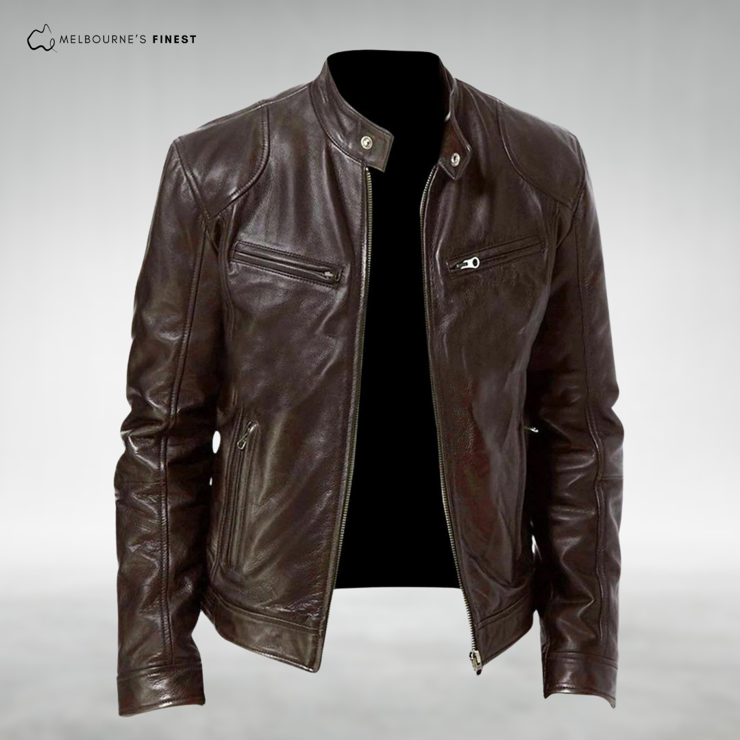 Men's biker jacket with stand collar, long sleeves and zipped pockets