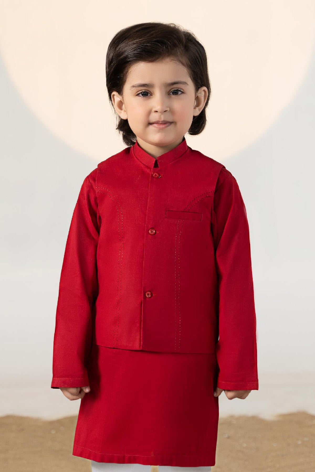 Boys' red traditional suit set with Mandarin collar, long tunic and white trousers