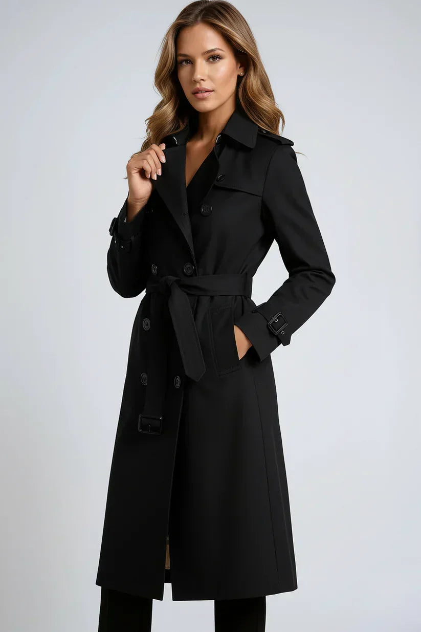 Women's long double-breasted trench coat with belt and notched lapels