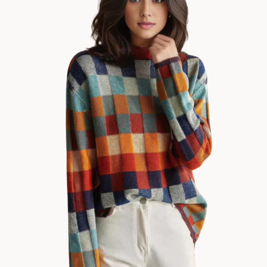 Women's multicoloured patchwork checked turtleneck sweater with long sleeves