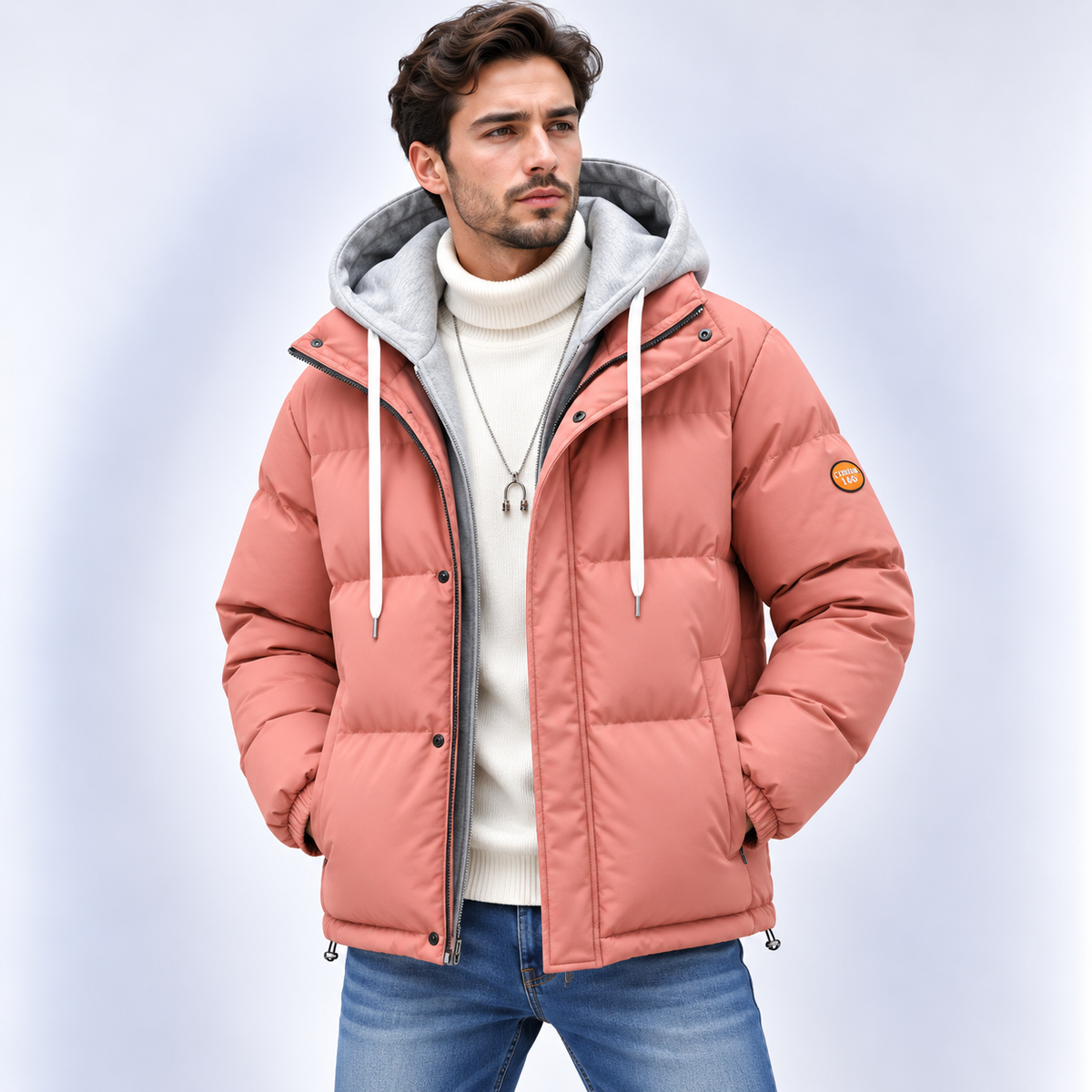Men's hooded quilted puffer jacket with long sleeves and zip front