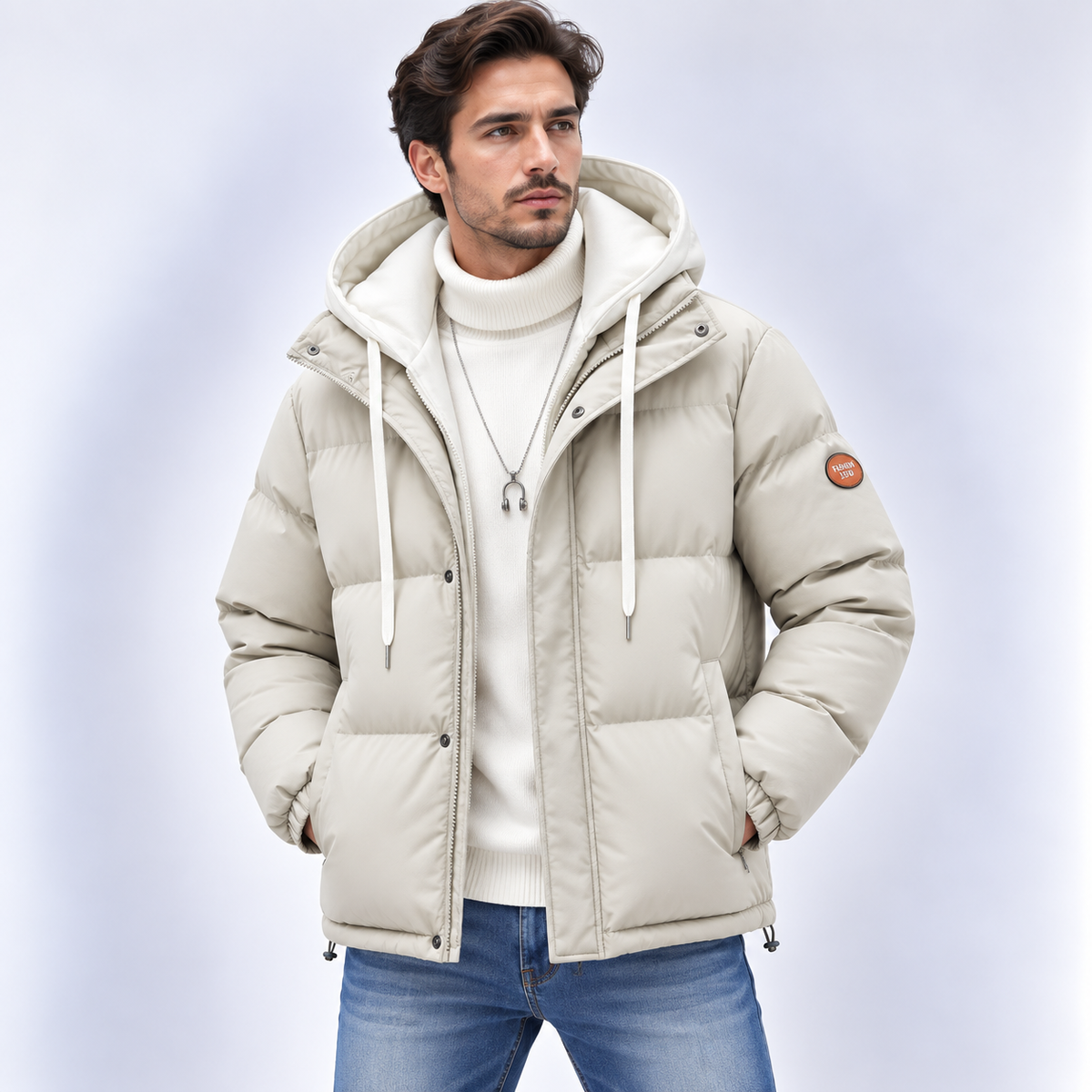 Men's hooded quilted puffer jacket with long sleeves and zip front
