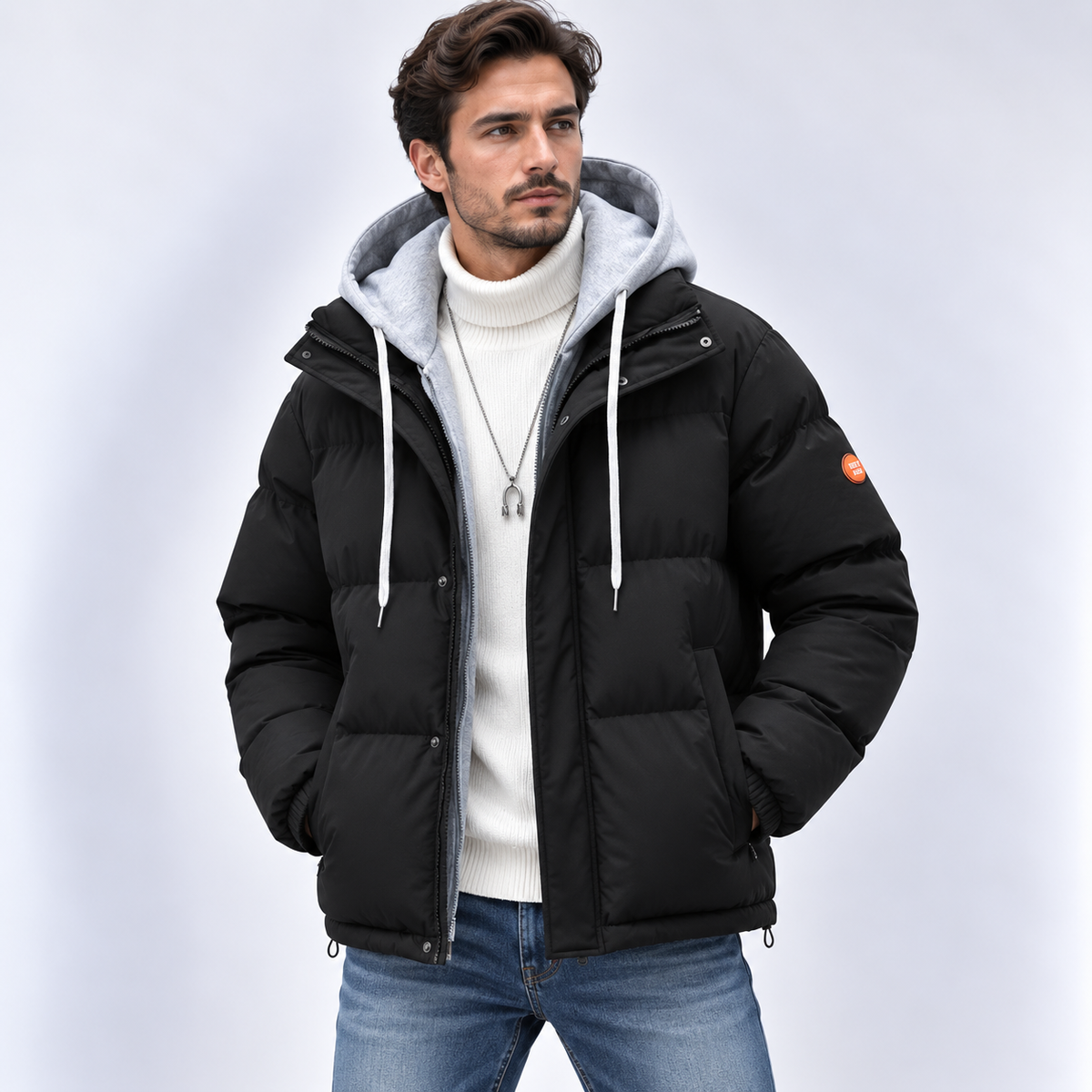 Men's hooded quilted puffer jacket with long sleeves and zip front