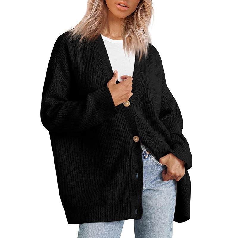 Women's oversized ribbed V-neck cardigan with long sleeves and button front